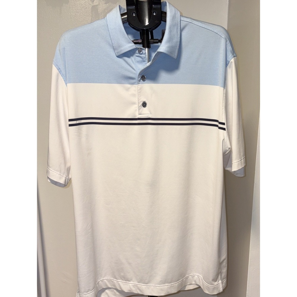 FootJoy Polo Shirt Mens Large Blue White FJ Golf Striped Stretch‎ Performance
